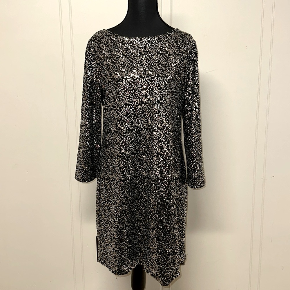 HARI Embellished Silver and Black Long Sleeve Sheath Dress
